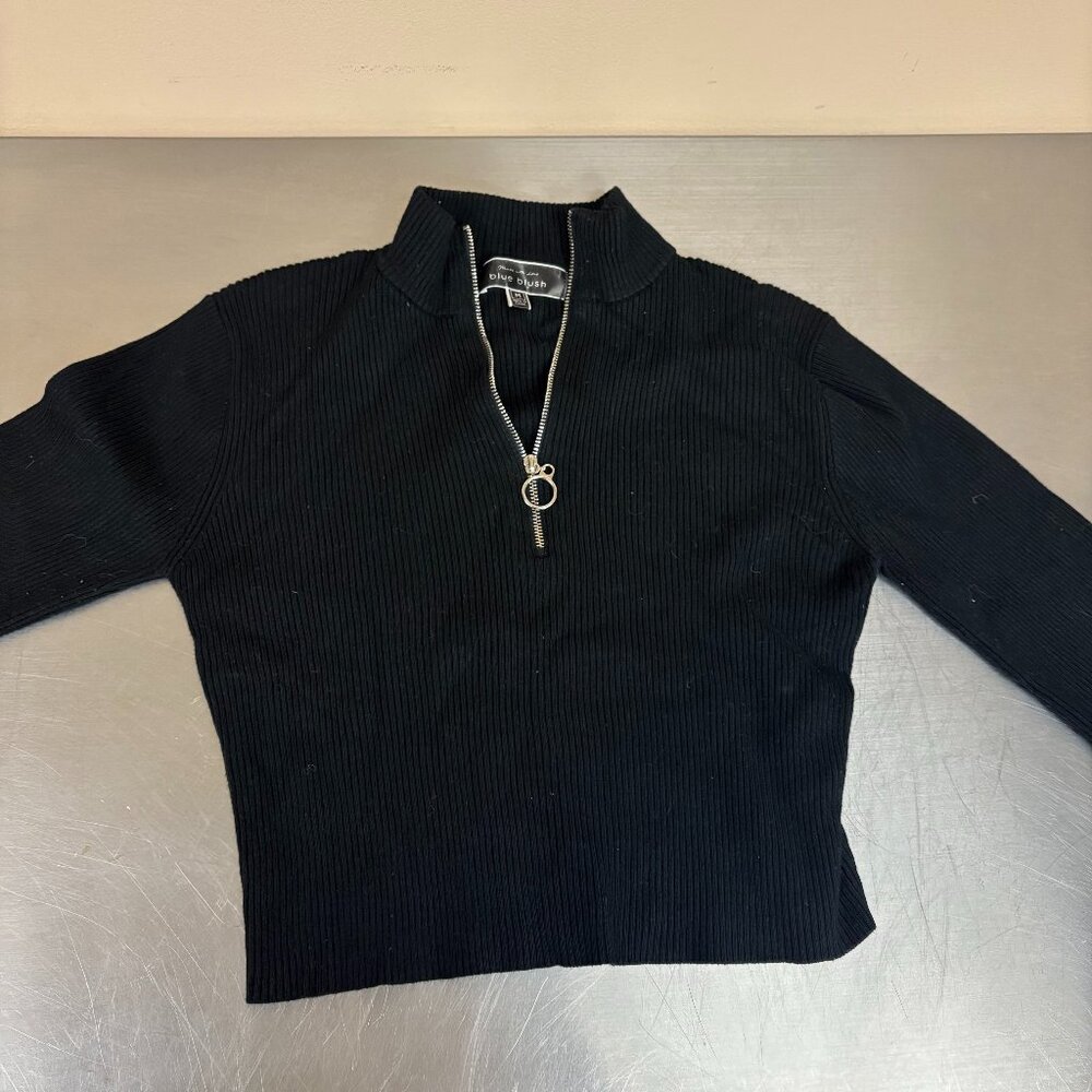 Long Sleeved Blue Blush Crop Black Ribbed Mock Neck Sweater